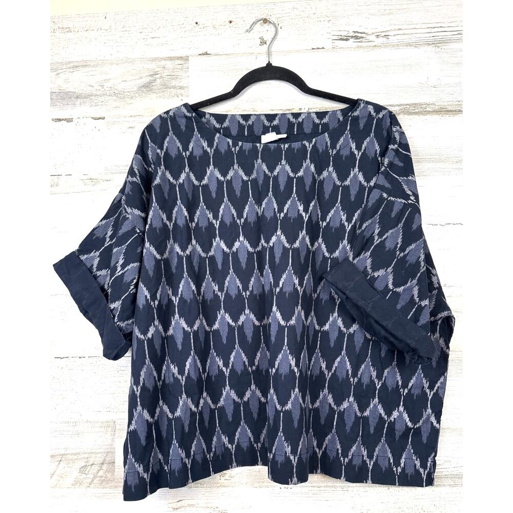 Pure Jill Womens M Blue 100% Cotton Boho Chic Short Sleeve Blouse Casual